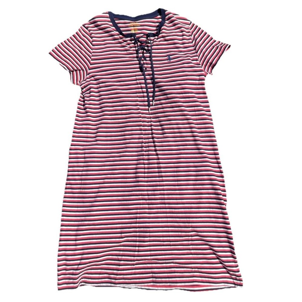 NWOT Ralph Lauren Polo Striped Lace Up Mini Dress Cotton Casual Short Sleeve M